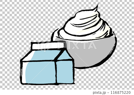 筆タッチのボウルに入ったホイップクリームとパックのイラストセット 116875220
