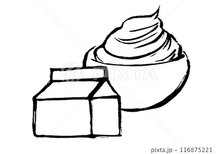 筆タッチのボウルに入ったホイップクリームとパックのモノクロ線画イラストセット 116875221
