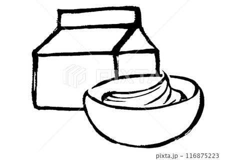 筆タッチのボウルに入ったホイップクリームとパックのモノクロ線画イラストセット 116875223