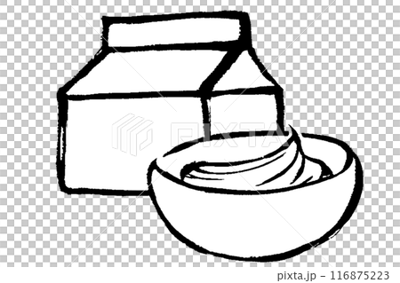 筆タッチのボウルに入ったホイップクリームとパックのモノクロ線画イラストセット 116875223
