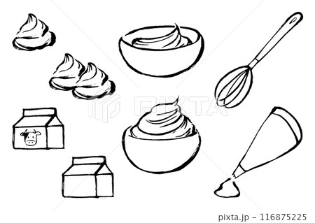 筆タッチの生クリーム関連のモノクロ線画イラストセット 116875225
