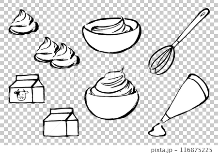 筆タッチの生クリーム関連のモノクロ線画イラストセット 116875225