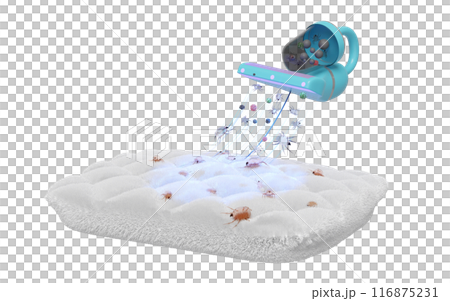 3d vacuum cleaner on pillow isolated. concept of cleaning dust mites, bacteria, germs with ultraviolet light, 3d illustration render 116875231
