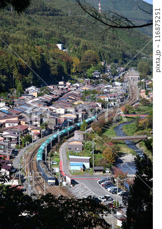 奈良井宿の街並みと中央西線貨物列車 116875251