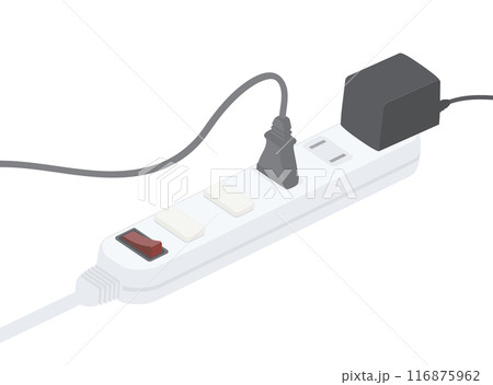 コンセントプラグやキャップが差し込まれた電源タップのイラスト 116875962