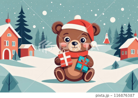 Little bear holding holiday gifts and decorations. 116876387