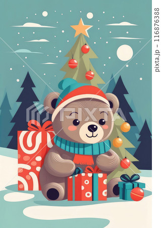 Little bear holding holiday gifts and decorations. 116876388