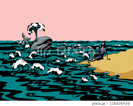 Vector drawing. A man on the shore after a shipwreck Vector drawing. A man on the shore after a shipwreck 116876438