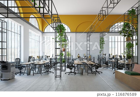 Interior of modern office with yellow walls Interior of modern office with yellow walls 116876589