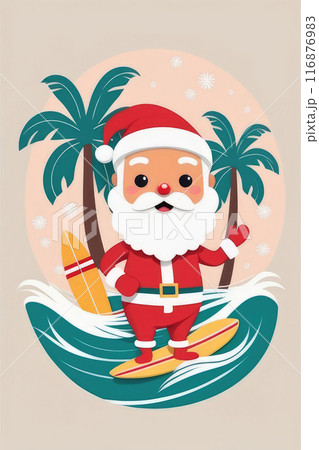Tropical surfing with Santa on tropical beach in Christmas. Tropical surfing with Santa on tropical beach in Christmas. 116876983