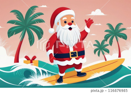 Tropical surfing with Santa on tropical beach in Christmas. Tropical surfing with Santa on tropical beach in Christmas. 116876985
