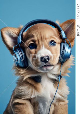 Happy puppy Golden Retriever wearing headphones portrait listening to music on isolated on blue background. Happy puppy Golden Retriever wearing headphones portrait listening to music on isolated on blue background. 116877457