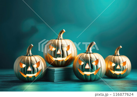 Halloween background with a glowing gold Halloween Jack-o'-Lantern and smoke on soft turquoise background. 116877624