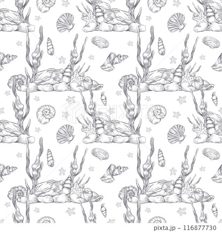 Hand drawn black coal pencil ocean floor seamless pattern isolated on white background. Marine illustration can be used for textile, fabric, scrapbook and other printed products. Hand drawn black coal pencil ocean floor seamless pattern isolated on white background. Marine illustration can be used for textile, fabric, scrapbook and other printed products. 116877730