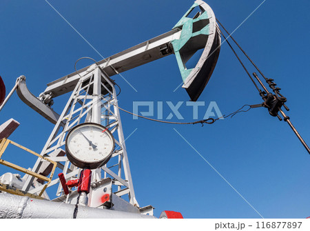 Oil pump jack operating under clear blue sky at oil field during daytime work hours 116877897