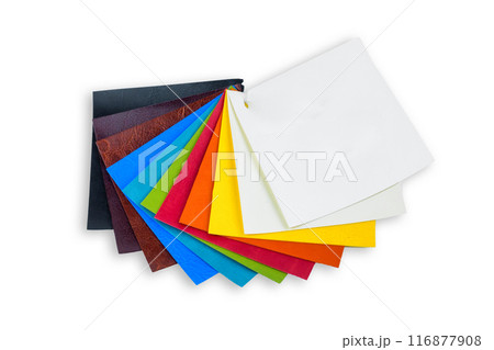 colored samples of fabric on the background. place for text. top view 116877908