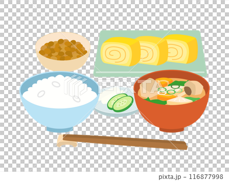 Illustration of a Japanese breakfast of miso soup, tamagoyaki (egg roll), natto and white rice (with chopsticks) Illustration of a Japanese breakfast of miso soup, tamagoyaki (egg roll), natto and white rice (with chopsticks) 116877998
