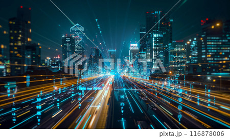 夜の未来のハイテク都市における高速グローバルデータ転送と超高速ブロードバンドの抽象的な背景 夜の未来のハイテク都市における高速グローバルデータ転送と超高速ブロードバンドの抽象的な背景 116878006