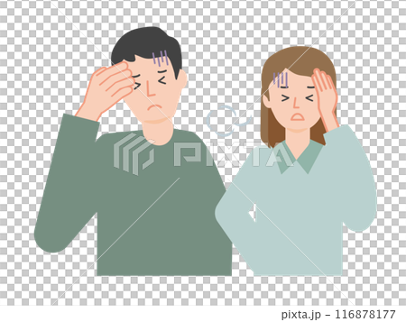 A young couple sighing with anxiety and holding their heads A young couple sighing with anxiety and holding their heads 116878177