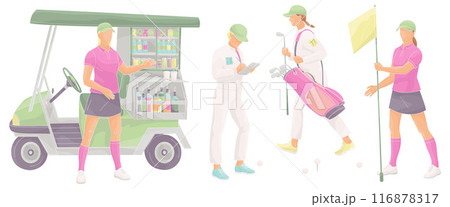 golf club staff  female caddie, beverage cart, caddy girls with flag, golf bag, clubs, golf clash notebook  116878317