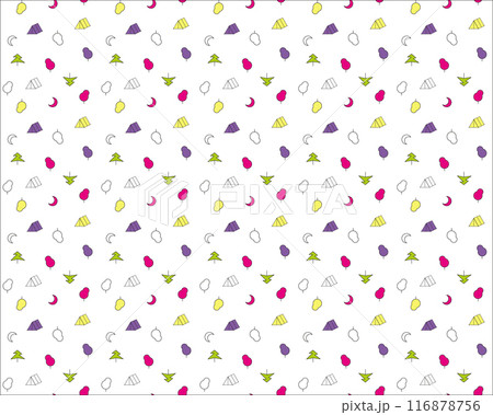 Vector Seamless Pattern in Tourism style with colorful moon, tents, trees. Abstract Geometric texture in Trekking and Hiking theme. For printing on fabric, wallpaper, wrapping paper, decor, surface 116878756