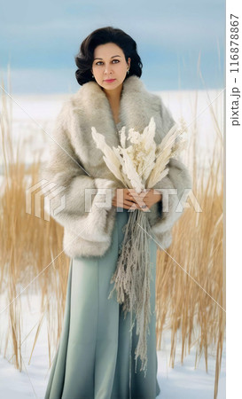 Stunning Young Woman Poses Gracefully Against a Winter Landscape 116878867