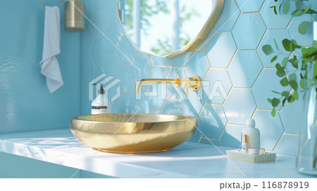 金の鋼鉄虚栄心のカウンター、白い石のカウンタートップ、パステル 116878919