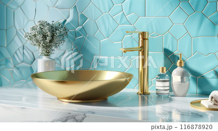 金の鋼鉄虚栄心のカウンター、白い石のカウンタートップ、パステル 116878920