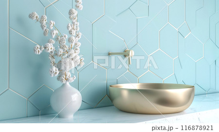 金の鋼鉄虚栄心のカウンター、白い石のカウンタートップ、パステル 116878921