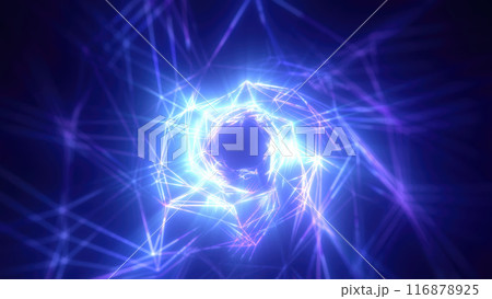 Abstract bright blue glowing background with a tunnel of lines and stripes of energy of burning rays of plasma and electricity with light 116878925