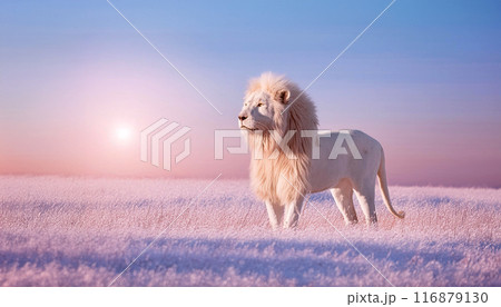 朝日が眩しい雪の草原で、孤独な白いライオンが旅する 朝日が眩しい雪の草原で、孤独な白いライオンが旅する 116879130