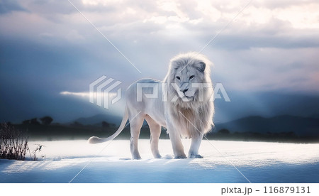 朝日が眩しい雪の草原で、孤独な白いライオンが旅する 116879131