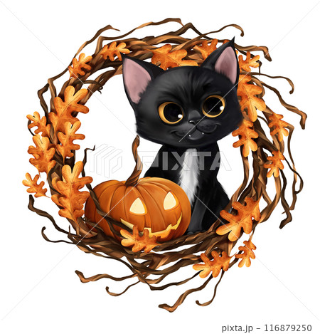 Cute black cat with pumpkin. Halloween illustration with wreath 116879250