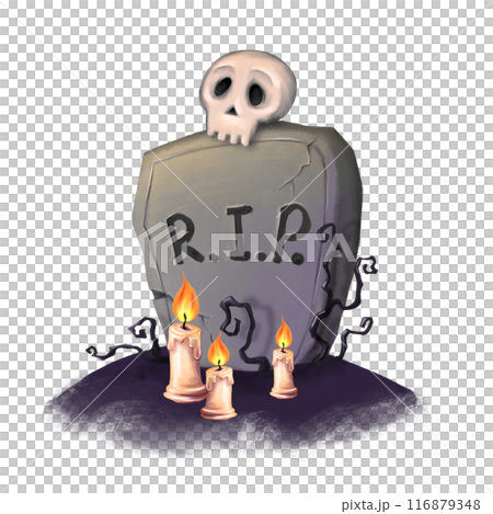 Gravestone with rest in peace inscription. Ancient rip illustration. Halloween elements for decor concept Gravestone with rest in peace inscription. Ancient rip illustration. Halloween elements for decor concept 116879348