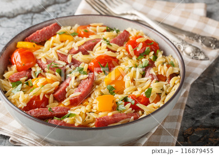 Warm orzo pasta salad with salami sausage, bell pepper, garlic and tomatoes close-up in a bowl. Horizontal Warm orzo pasta salad with salami sausage, bell pepper, garlic and tomatoes close-up in a bowl. Horizontal 116879455