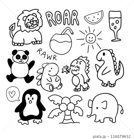 Outline drawing of dinosaurs, elephants, lion, coconut drink, watermelon, panda, penguin, coconut tree, champagne drink for kid colouring book, painting, summer, zoo, amusement park, cartoon character 116879632