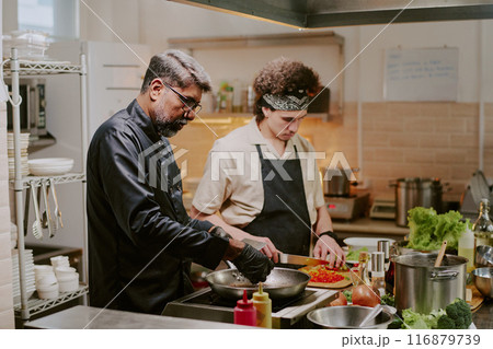 Chef and sous chef cooking together in modern professional kitchen fully equipped with modern kitchenware Chef and sous chef cooking together in modern professional kitchen fully equipped with modern kitchenware 116879739