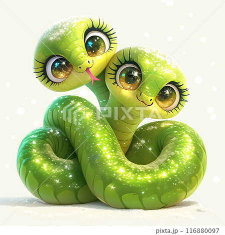 Two green snakes with big eyes and long tongues are curled up together. The image has a playful and whimsical mood, as the snakes are depicted as cute and cuddly rather than scary or dangerous 116880097