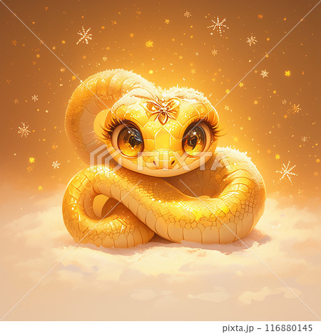 2025 snake with a heart on its head is sitting on a snowy surface. The snake is golden and has a gold necklace around its neck. 116880145