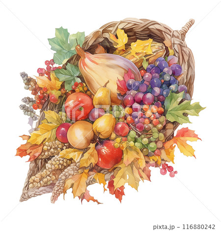 Cornucopia basket of fruits and vegetables including apples, grapes, and squash. The basket is filled with a variety of colors and textures, creating a vibrant and lively scene Cornucopia basket of fruits and vegetables including apples, grapes, and squash. The basket is filled with a variety of colors and textures, creating a vibrant and lively scene 116880242