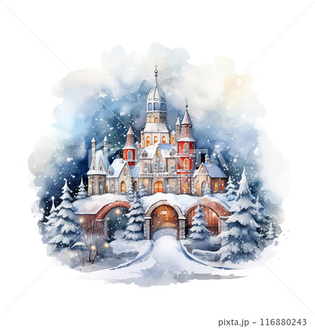 A castle with a bridge and snow on the ground. The castle is surrounded by trees and the bridge is lit up 116880243
