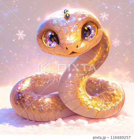 2025 3D snake with gold eyes and a gold head is sitting on a snowy surface. The snake is surrounded by snowflakes, which give it a magical and whimsical appearance. Concept of wonder and enchantment 116880257
