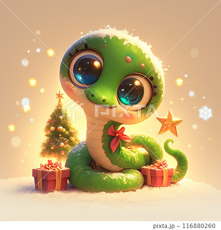 2025 A green snake is sitting on a snowy surface next to a Christmas tree and presents. The scene is whimsical and playful, with the snake looking cute and curious 116880260