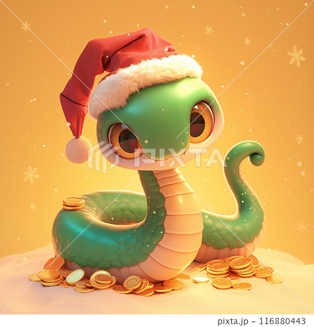 2025 green snake wearing a red hat and a bell on its hat. The snake is sitting on a pile of gold coins 2025 green snake wearing a red hat and a bell on its hat. The snake is sitting on a pile of gold coins 116880443