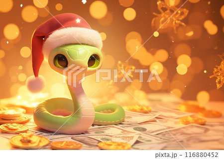 2025 A green snake wearing a Santa hat and sitting on a pile of gold coins and dollar bills. The image has a playful and festive mood, as the snake is dressed in a Christmas hat and surrounded by 116880452