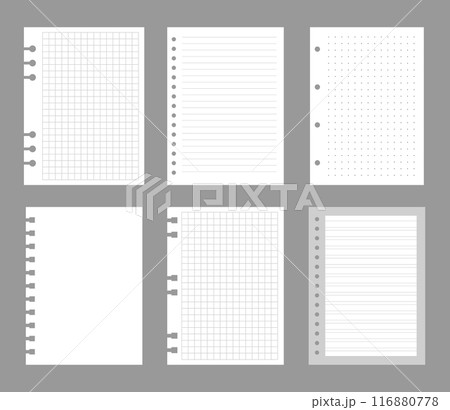 Set of notebook sheets isolated on gray background. Realistic white blanks of checkered, lined and dots paper. Different vertical pages from diary. Vector template Set of notebook sheets isolated on gray background. Realistic white blanks of checkered, lined and dots paper. Different vertical pages from diary. Vector template 116880778