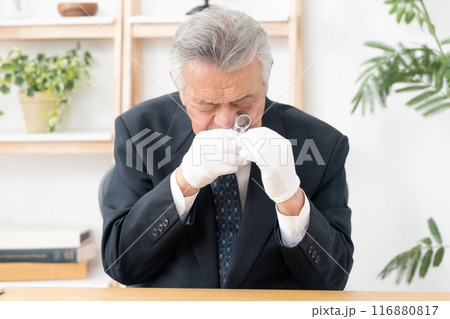 ルーペで鑑定をする男性 ルーペで鑑定をする男性 116880817