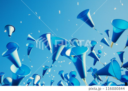 青空に投げ上げられた青い応援メガホン（noisemaker）のイラスト素材 ..., 画像サイズ:450x319