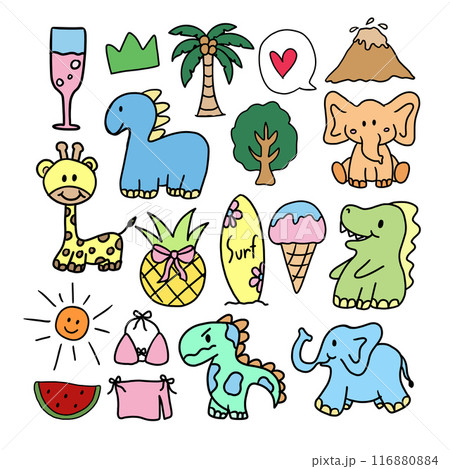 Hand drawn dinosaurs, elephants, giraffe, coconut tree, watermelon, sun, ice cream, surf, bikini, pineapple, champagne drink for summer, zoo, amusement park, cartoon character, brooch, cute patches Hand drawn dinosaurs, elephants, giraffe, coconut tree, watermelon, sun, ice cream, surf, bikini, pineapple, champagne drink for summer, zoo, amusement park, cartoon character, brooch, cute patches 116880884