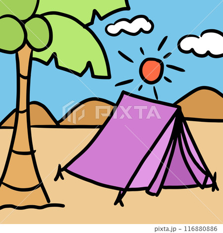 Hand drawn tent, mountain, coconut tree, sand, blue sky for summer camping, beach vibe, hobby, leisure, background, wallpaper, backdrop, poster, post card, trip, vacation, travel, summer break, print Hand drawn tent, mountain, coconut tree, sand, blue sky for summer camping, beach vibe, hobby, leisure, background, wallpaper, backdrop, poster, post card, trip, vacation, travel, summer break, print 116880886